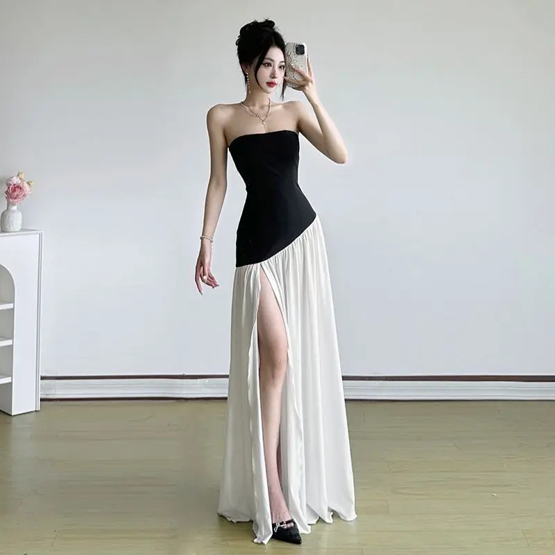 french-style-color-block-patchwork-strapless-dress-with-slit-slim-fit-vacation-long-dress