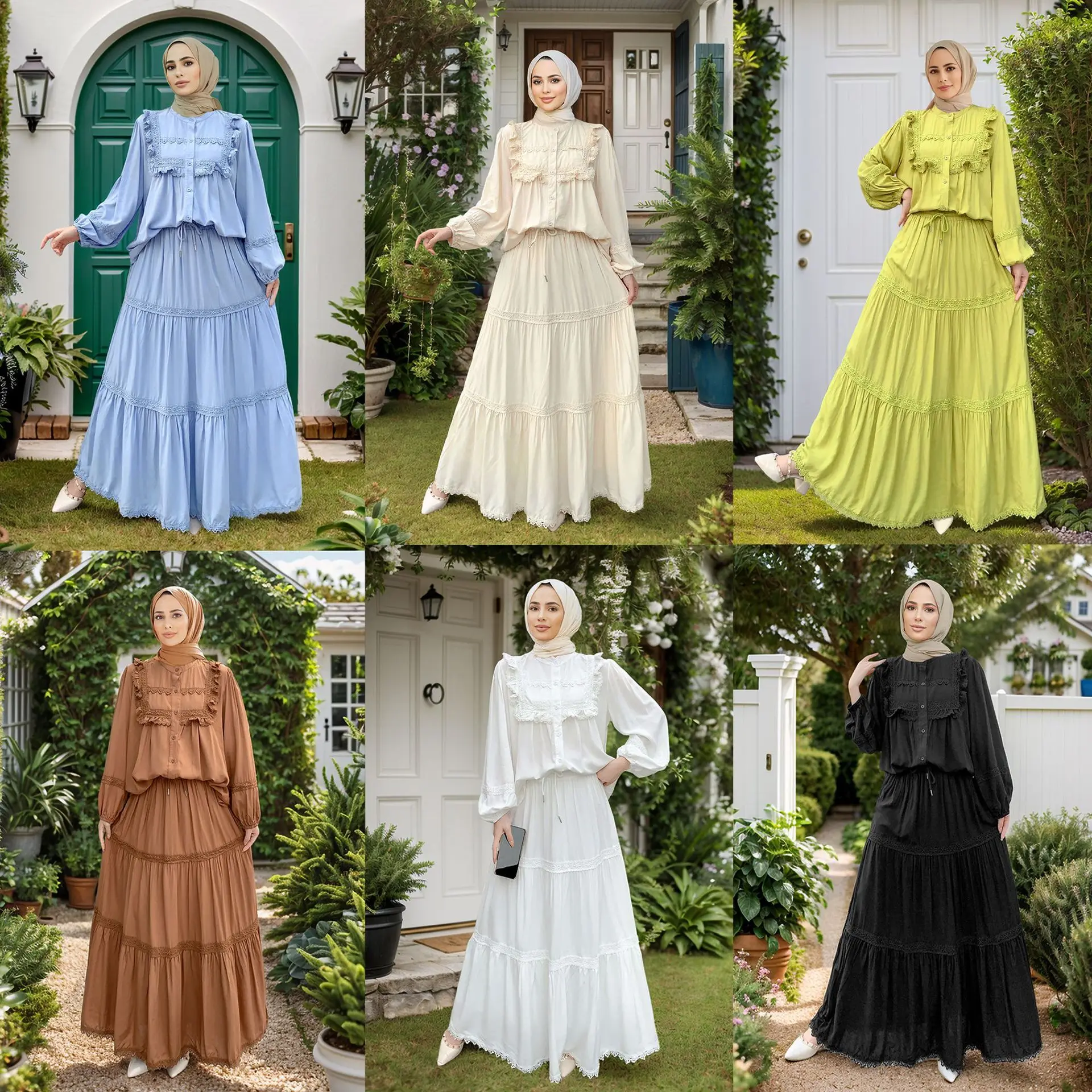 ชุดเซ็ต 2 ชิ้น กระโปรงยาว เสื้อลูกไม้สำหรับผู้หญิง ชุดสูทสำหรับเดือนรอมฎอน กระดุมแถวเดียว สไตล์โมร็อกโก ดูไบ ชุดมุสลิมแบบอาหรับ