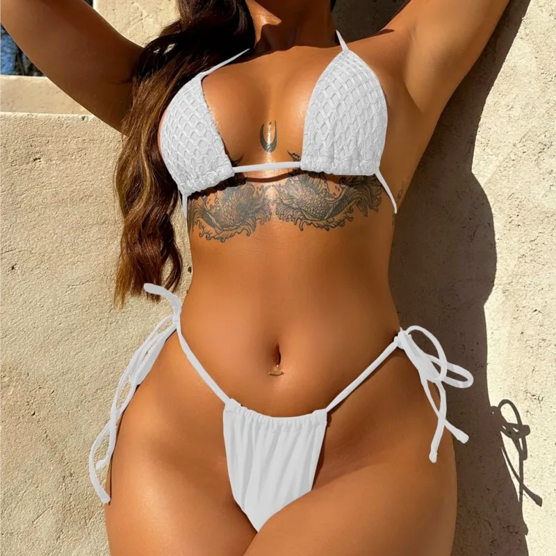 Bikini Sets Sexy Micro Thong White Swimsuit Women Three Piece Mesh Fishing Nets Cover Up Swimwear String Halter Triangle Bathing