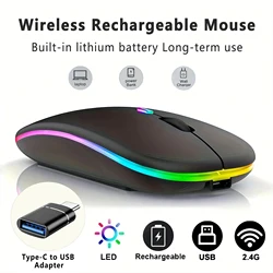 Wireless Rechargeable Mouse With LED Backlight  Bluetooth With Type-C Adapter Gaming Mouse Suitable For MAC/Laptop/PC/Windows