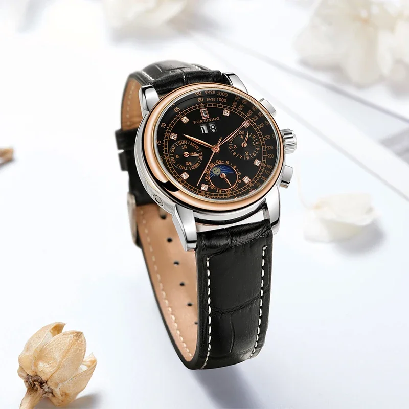 Forsining Big Brands Fashion Elegant Women Watch Mechanical Waterproof Automatic Calendar Moon Phase Multi-functional Wristwatch