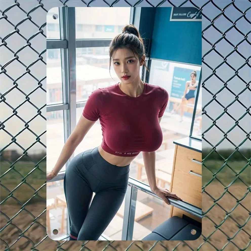 HD Metal Wall Art Fitness Asian Beauty in Red Crop Top & Leggings Pin Up Girl Vintage Metal Tin Sign for Home Gym Decor