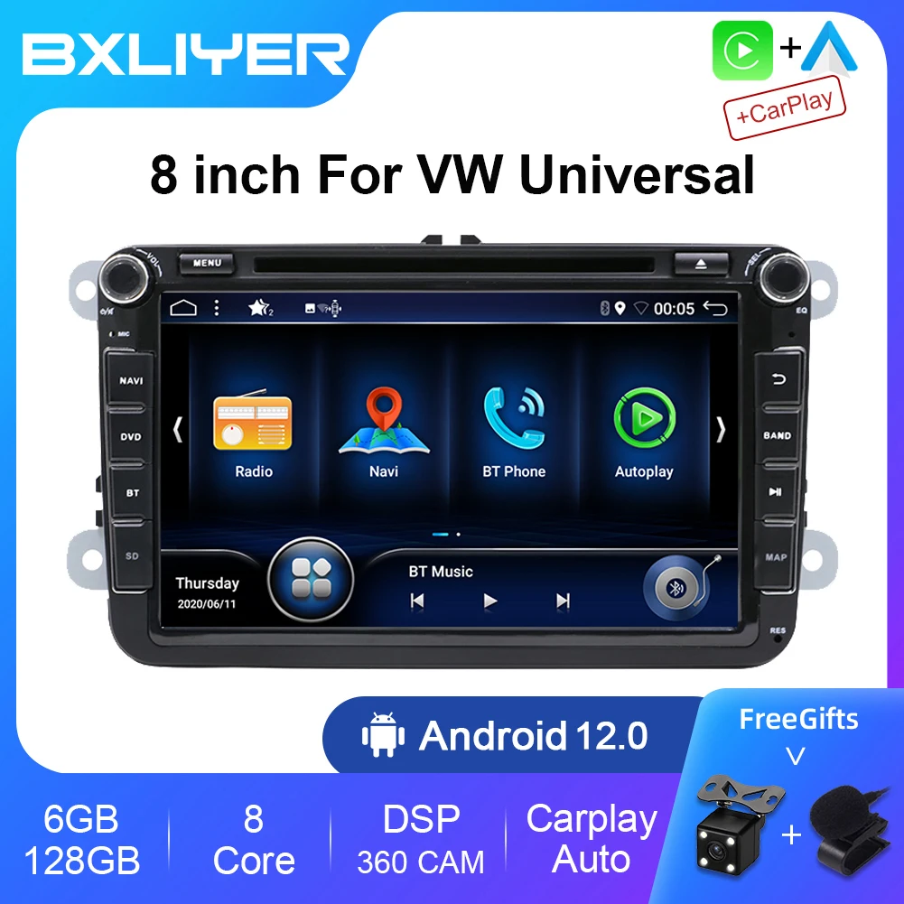 6+128G Carplay For VW/Volkswagen Skoda Octavia golf 5 6 touran passat B6 polo Android 12 2 Din Car Radio Multimedia Video Player