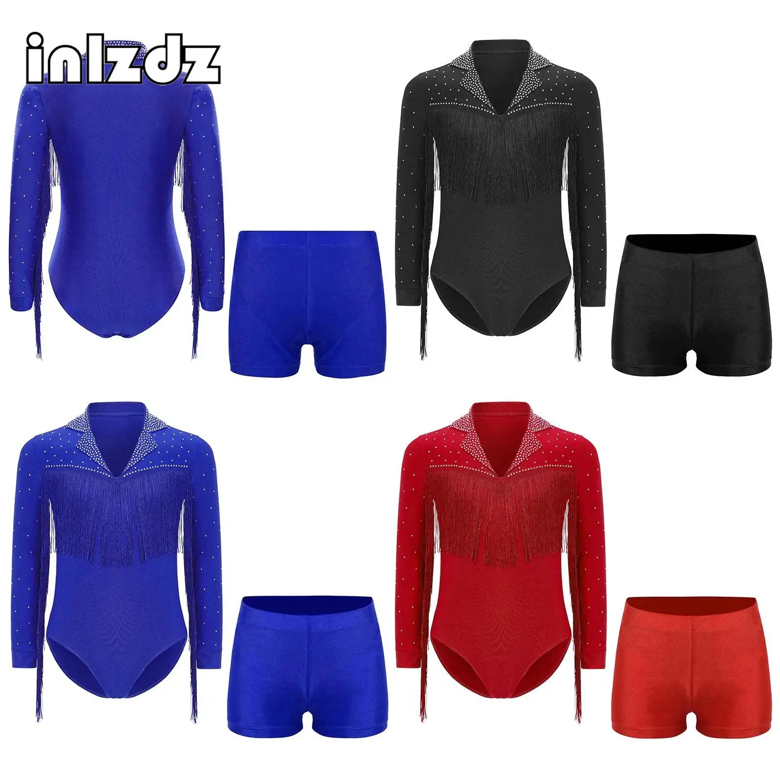 

Kids Boys Latin Modern Ballroom Dance Costume Set Long Sleeve Shiny Rhinestones Tassel Leotard with Elastic Waistband Shorts