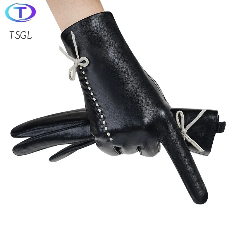 

Cute Luxury Real Genuine Leather Gloves Women Black Bow Sheep Skin Winter Girls Real Leather Glove Driving Warm Ladies Glove