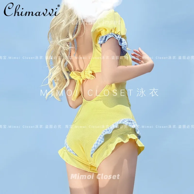 ربيع وصيف جديد النمط الياباني الحلو الليمون الأصفر نفخة الأكمام منقوشة قطعة واحدة الرغبة النقية لطيف فتاة سليم صالح Kawaii ملابس السباحة #5