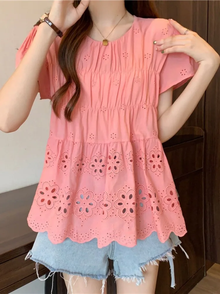 

Korean Style Summer Pregnant Women's Fashion Tees Shirts Long Loose Embroidered Top Sweet Maternity Ball Gown Blouses Beige