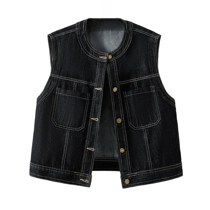 Retro Round Neck Denim Vest Women's Spring and Autumn Sleeveless Top Trendy Knit Jeans Waistcoat Female Jacket Casaco Feminino