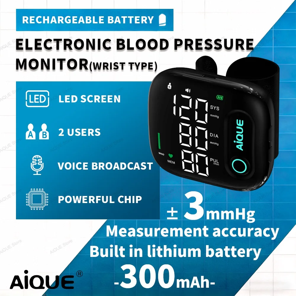 AiQUE Wiederaufladbares Handgelenk-Blutdruckmessgerät Automatisches Sprachtonometer Herzfrequenzmesser Smart Touch LCD-Bildschirm Blutdruckmessgerät