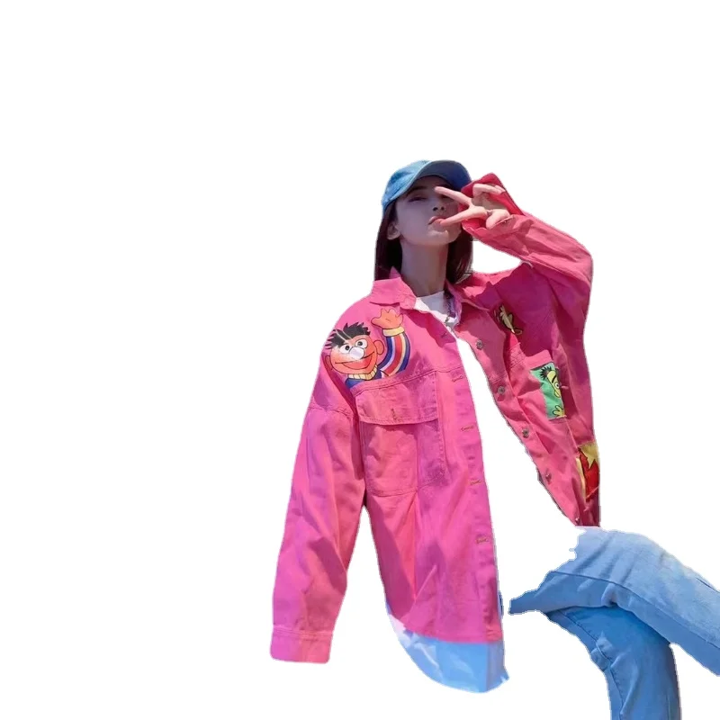 Cartoon Printed Patch Shirt Jacket Women 2023 Spring and Autumn New Retro Lapels Casual Denim Coat Female Fashion Brand Top