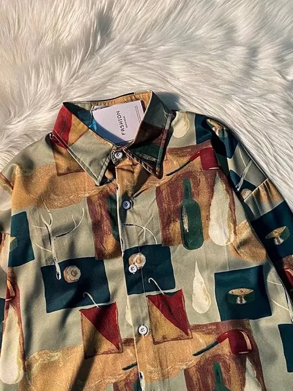 

Vintage Hong Kong Sle Men's Long Sve irt Loose Fit 80s Retro Floral Print Casual Spring Autumn Faion Classic