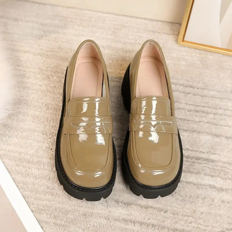 2024 Women Genuine Leather Spring Platform Women Plus Size Shoes British Style Fashion Green School Shoes Women Loafers Shoes