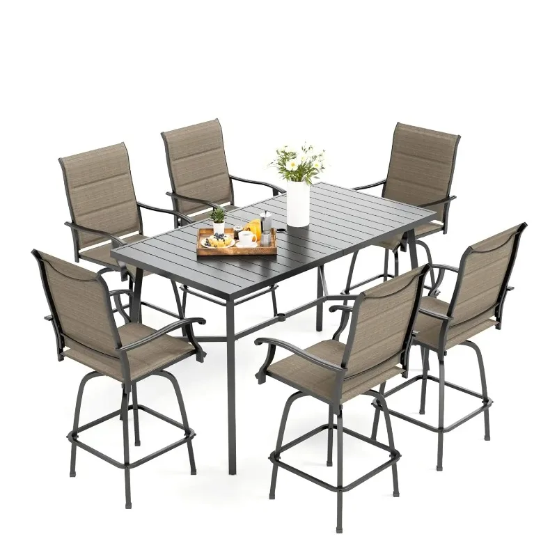 Patio Bar Set of 7, Outdoor Bar Height Table and Chairs, 1 x Heavy Duty Metal Slat High Top Bar Table with 6 x, Customized