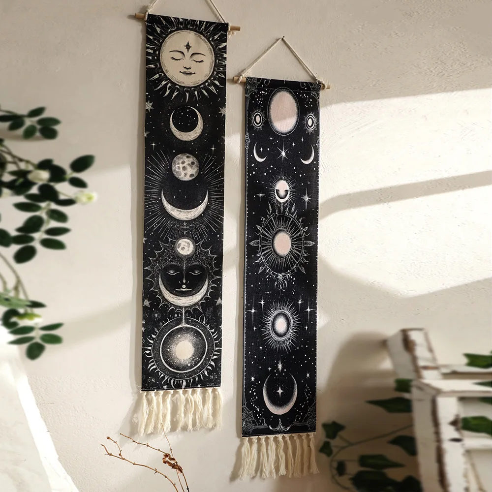 Bohemian Minimalist Wall Decor - Sun Moon Hand-woven Printed Tassel for Living Room & Studio