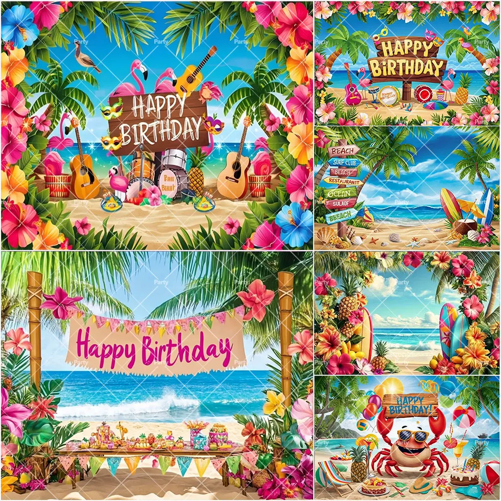 Sommer Hawaii Strand Meer Hintergrund Tropischer Flamingo Blumen Aloha Luau Surfbrett Urlaub Geburtstag Party Banner Fotostudio