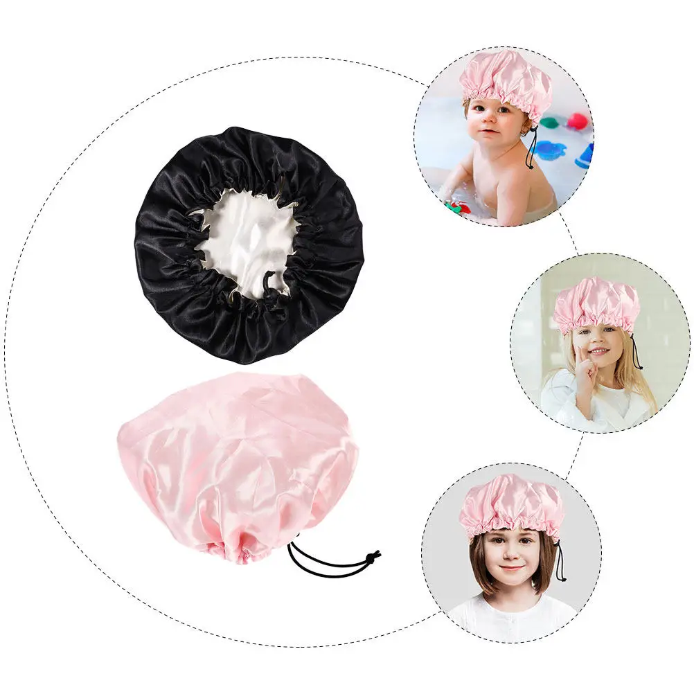 

2Pcs Kids Satin Elastic Adjustable Soft Breathable Sleeping Hat for Children Sleep Bath Hair Care Home Use Hair