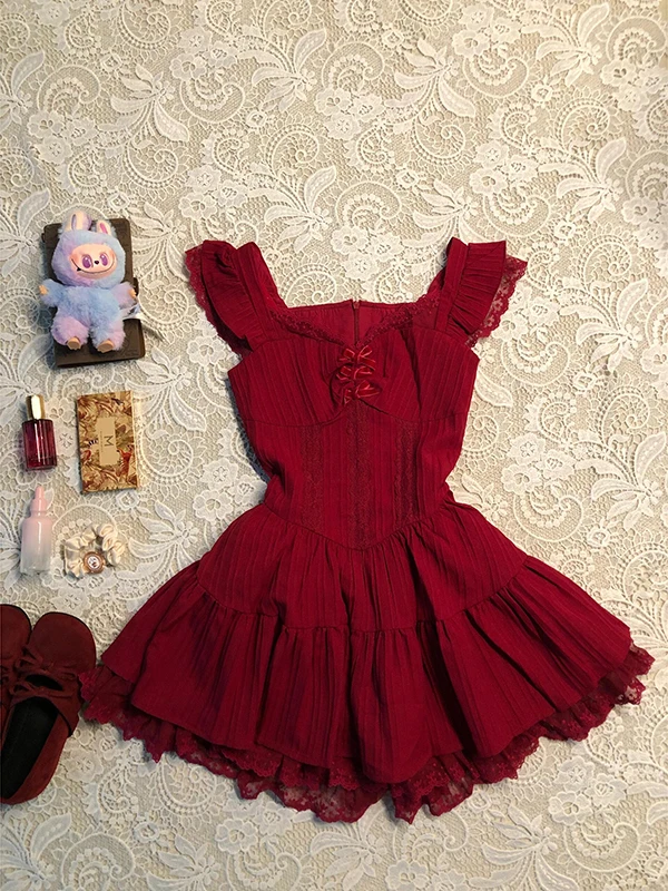 

Elegant Red Dress Women's Fashion Vintage Short Skirt French Style A-Line Gown Sleeveless Cotton Blend Casual Wear