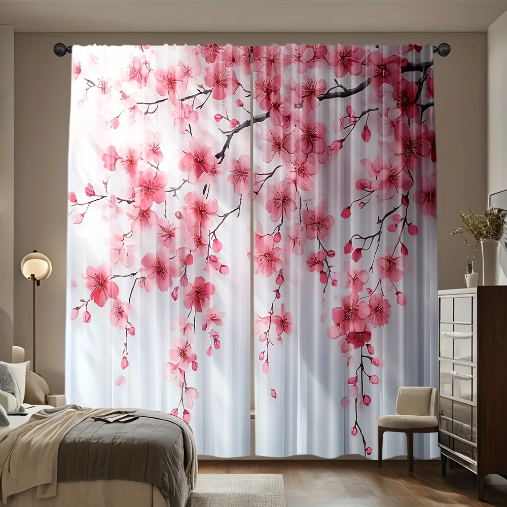 2pcs Pink Cherry Blossom Curtains Peach Skin Polyester Contemporary Bedroom Living Room Home Decor