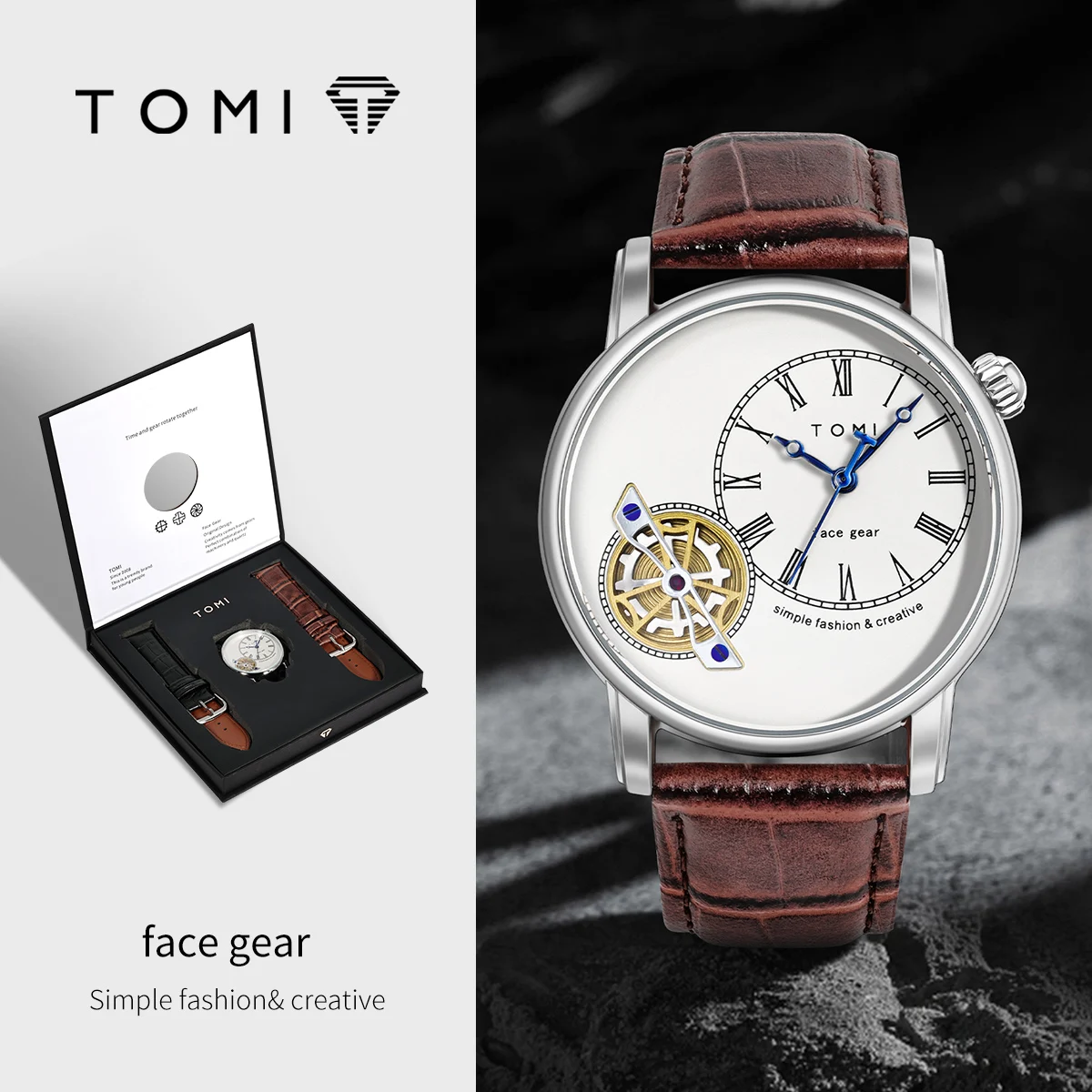 TOMI Set Gift Box Luxury and Fashionable Men\'s Quartz Watch Leisure Calendar Double Strap Quartz Watch Festival Gift