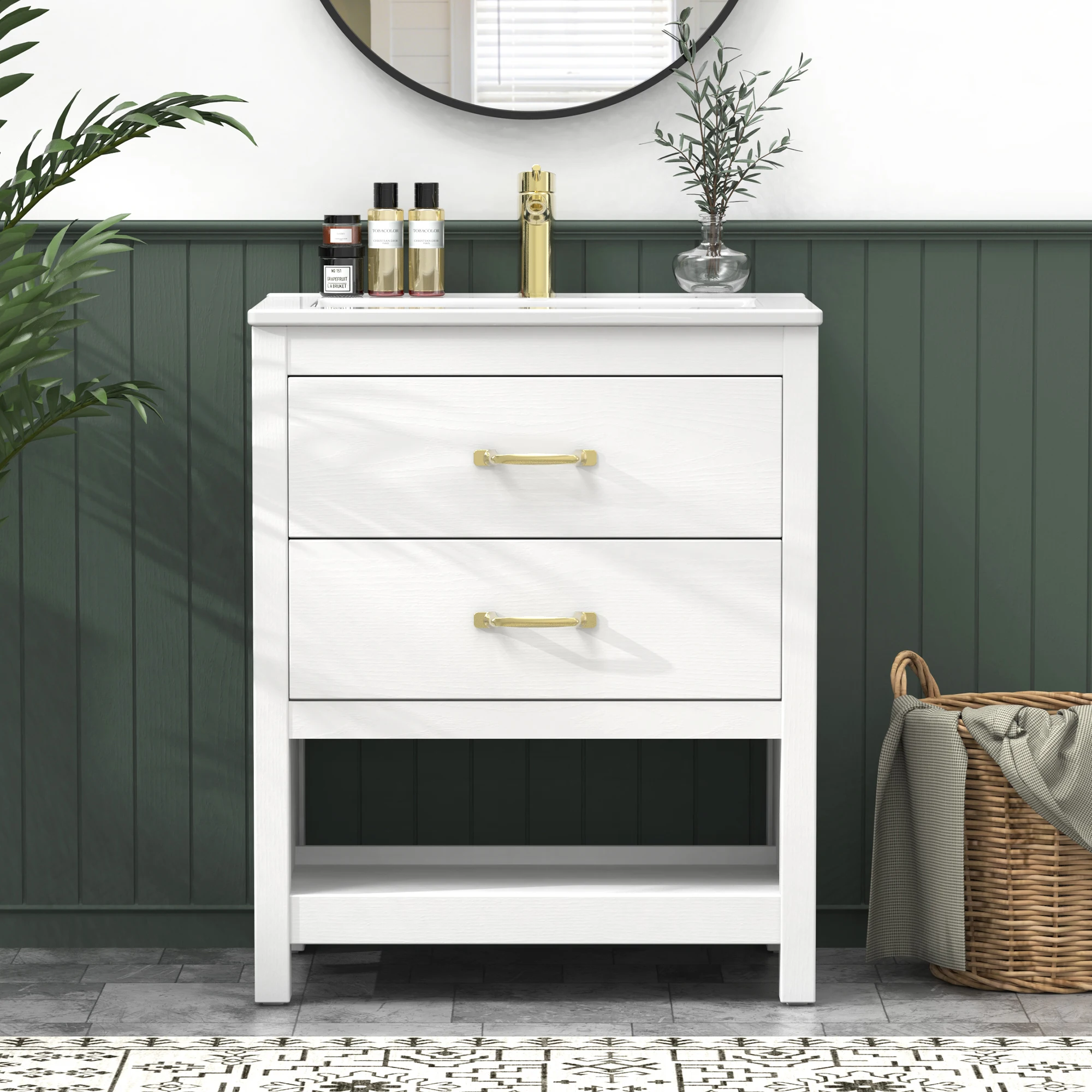 24 Inch Bathroom Vanity with Sink, Modern White Vanity Cabinet with Light, 2 Soft-Close Drawers with Organizer