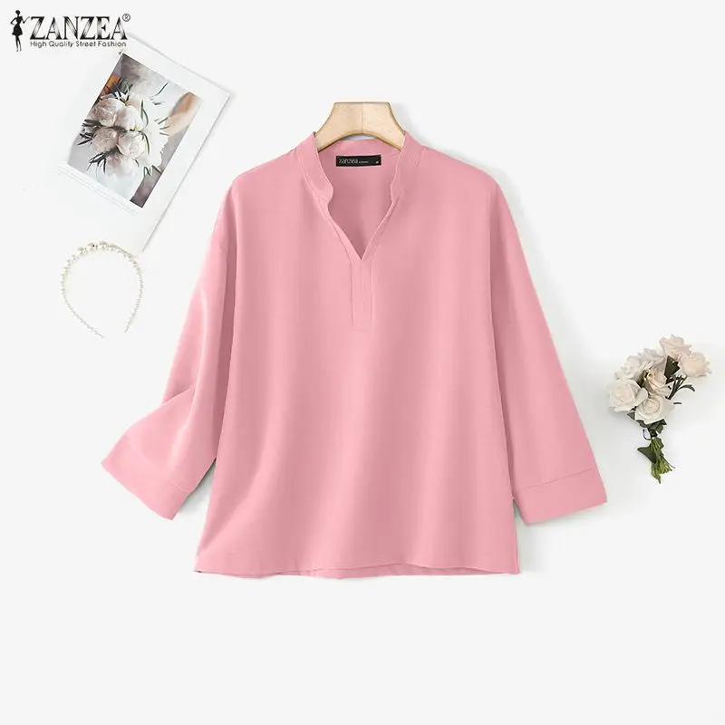 ZANZEA بلوزة كلاسيكية موضة 2025 قمصان نسائية غير رسمية سترة علوية أنيقة فضفاضة للعمل 3/4 كم على شكل حرف v بلوزات مكتب للسيدات #4