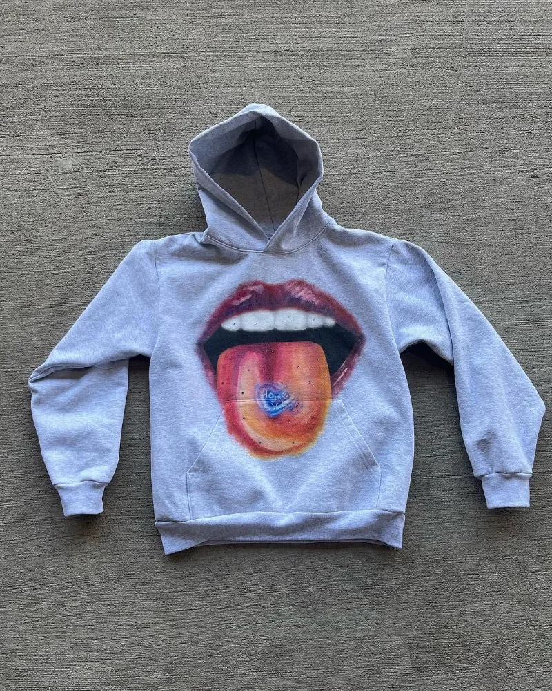 American High Street Retro Big Mouth Anime Print Oversized Hoodie Men Y2k Harajuku Fashion Hip-hop Rock Loose Pullover Women