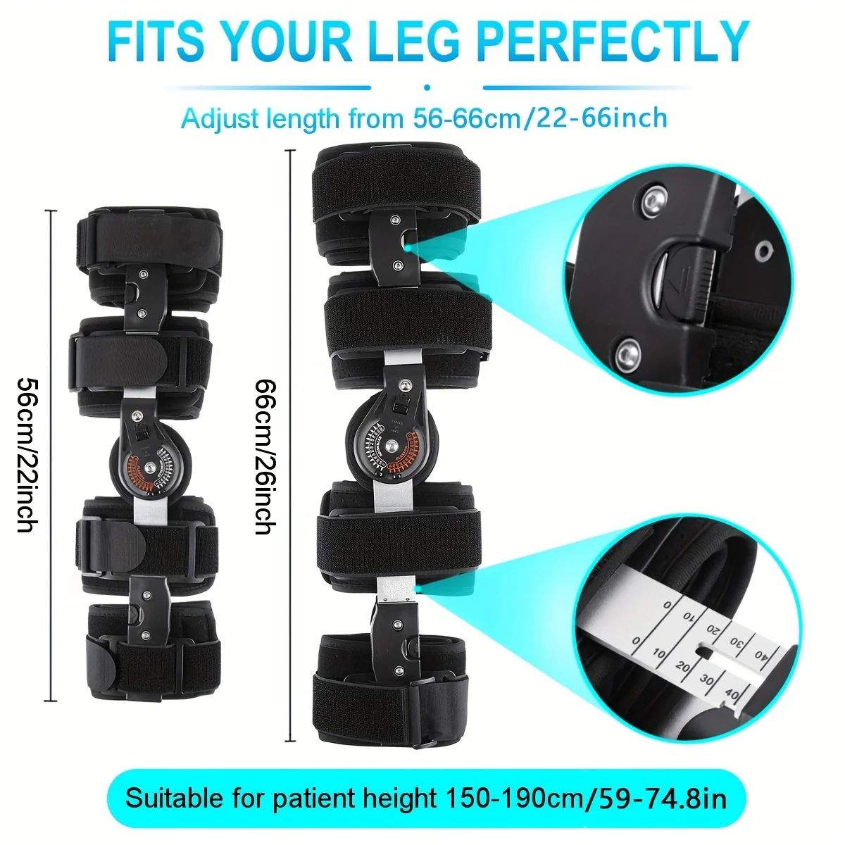 Adjustable Hinged Knee Brace with Button Lock, Sponge‑Lined Knee Support for Knee Joint Stability, Adjustable Straps 56cm‑66cm