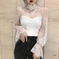 Womens Mock Neck Long Sleeve Sheer Mesh T-Shirt Floral Applique Eyelash Lace Pullover Tops Sexy Hollow Out Crochet Blouse