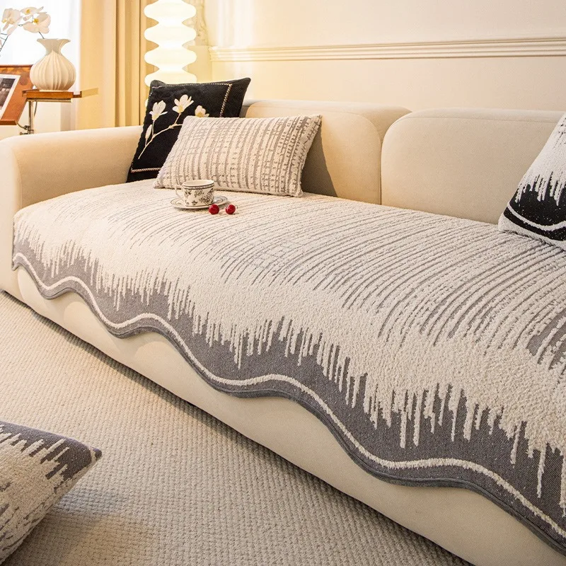Fluffy Lines Jacquard Chenille Curved Hem Non-Slip Sofa Cover, for Living Room All Seasons Couch Seat Cover Sofa Towel Decor