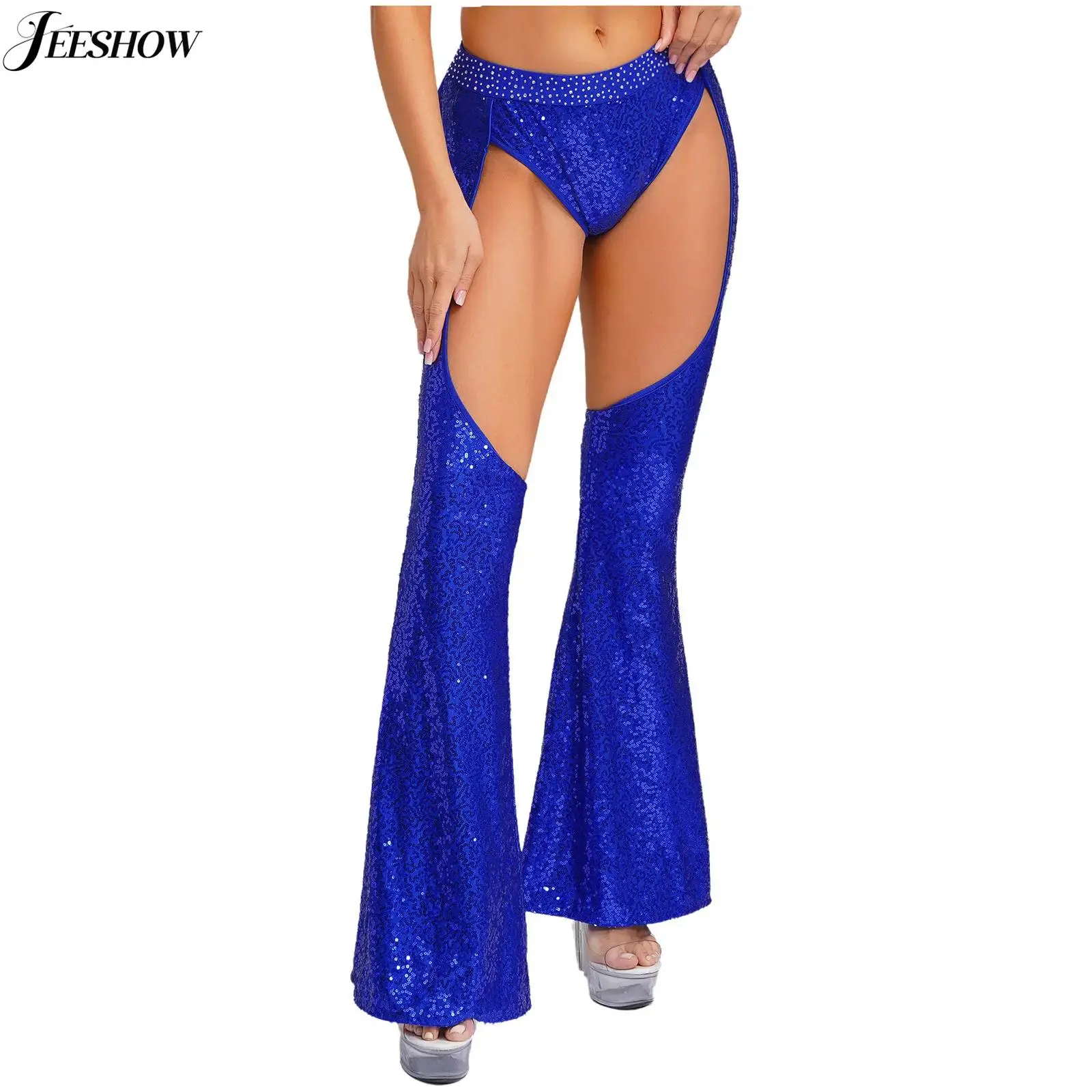 

Womens Shiny Sequins Hollow Out Pants Disco Dance Costume Flared Pants Elastic Waistband Cut Out Bell Bottoms Trousers Clubwear