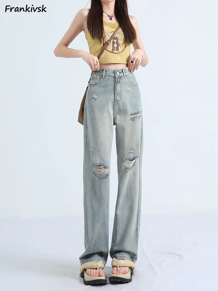 Asymmetrical Hole Jeans Women Solid Spring Summer Trendy Causal High Street Punk Style Full Length Wide Leg Loose Washed Do Old