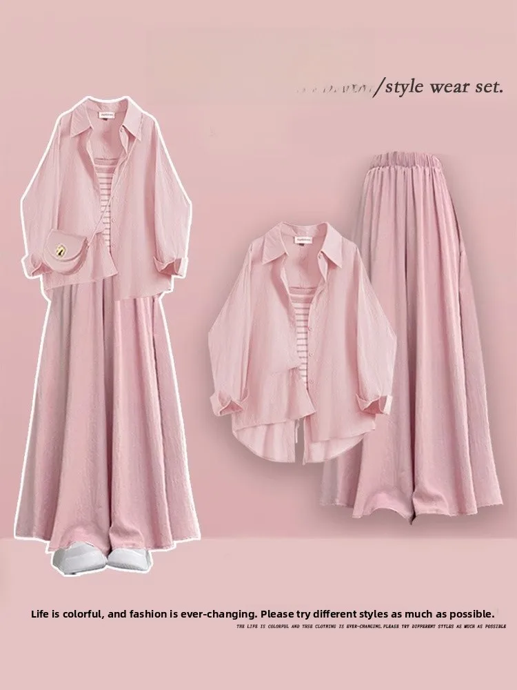 ชุดเซ็ตเสื้อยืดแขนยาวลายทางสำหรับผู้หญิง สไตล์ลำลอง ใส่สบาย ป้องกันแสงแดด เหมาะสำหรับฤดูใบไม้ผลิและฤดูร้อน พร้อมกางเกงขายาวลำลอง และเสื้อเชิ้ตแขนยาวคอปกติดกระดุม