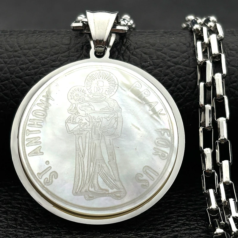 يسوع سانت أنتوني الصلاة لنا قلادة قلادة للنساء الرجال الفولاذ المقاوم للصدأ الذهب اللون قذيفة الدين ميدالية سلسلة مجوهرات #2