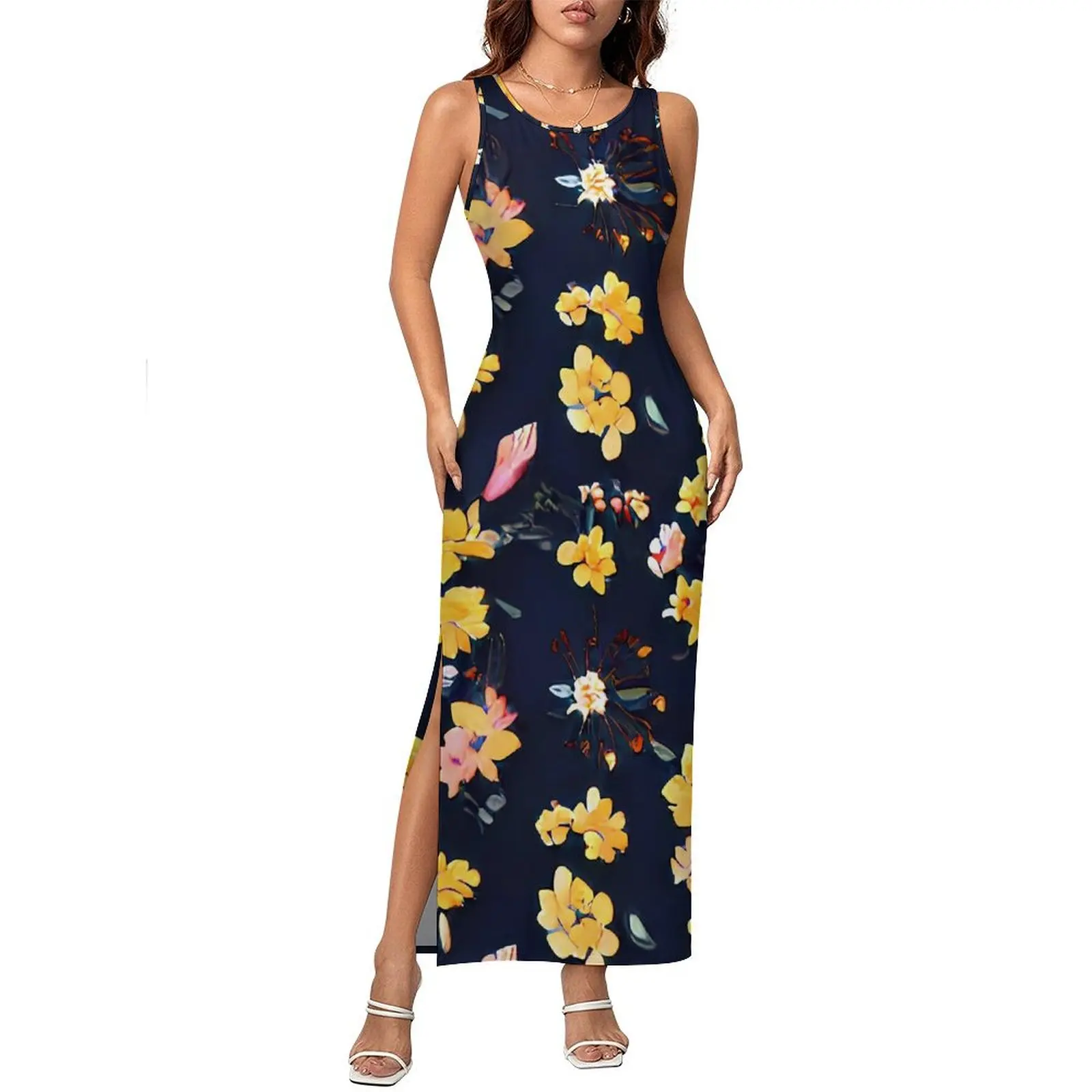 Gele bloemenjurk Mouwloze vintage bloem Street Fashion Maxi-jurken Mooie bodycon-jurk Dames grafische oversized kleding