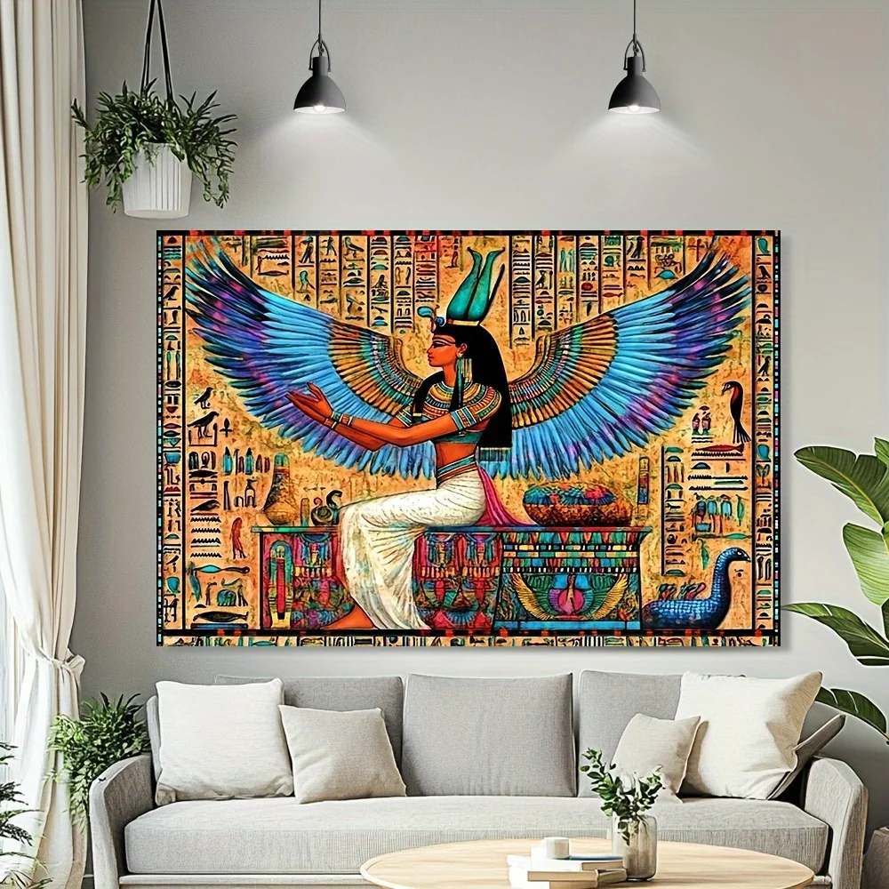 Egyptian Goddess Isis Winged Tapestry Ancient Mythology Art Wall Hanging for Living Room Bedroom Boho Decor Hieroglyphs Pharaoh