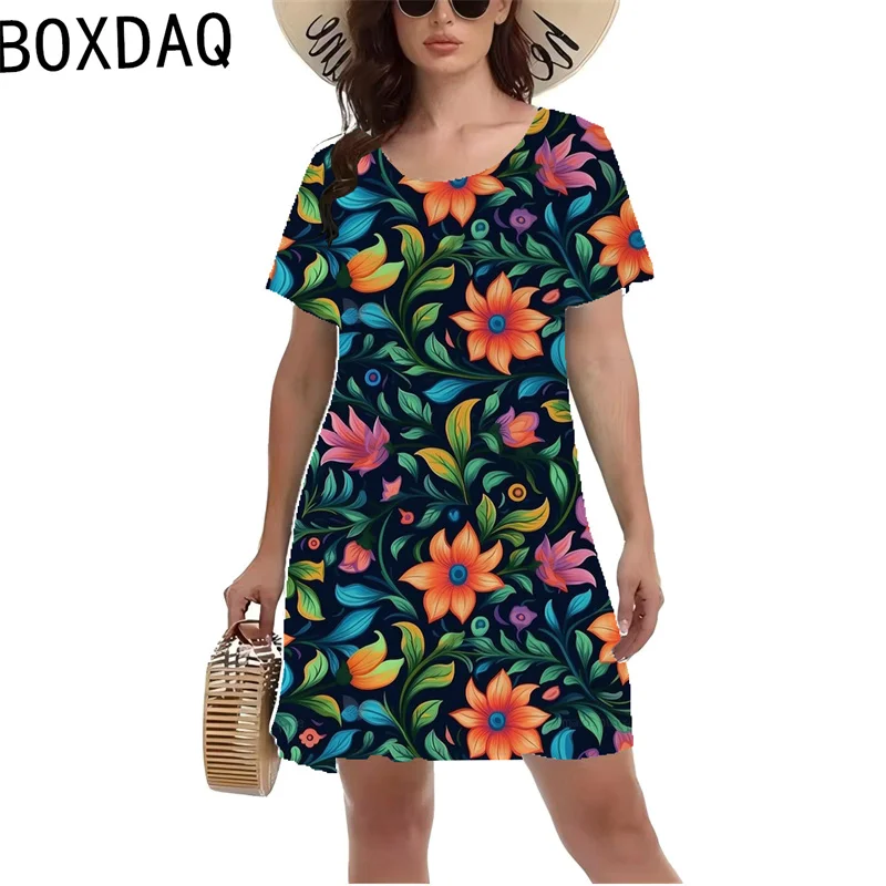 Women Summer Short Sleeve O-Neck Printed Dress Vintage 3D Floral Printed A-Line Dress Colorful Flowers Seaside Holiday Dress