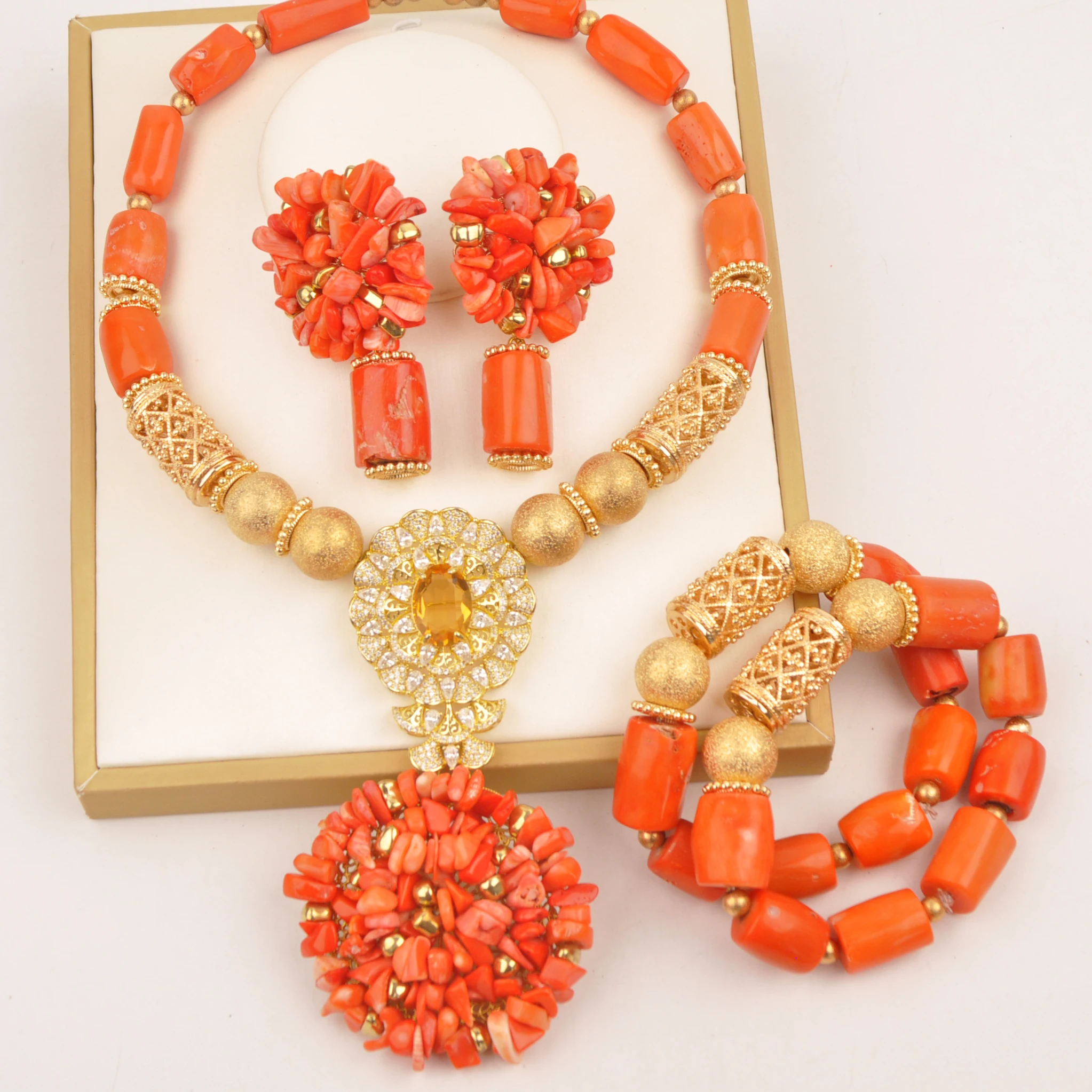 African Wedding Beads Orange Coral Jewelry Set for Women