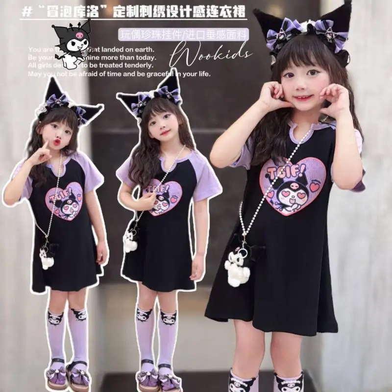

Girly Heart Kawaii Sanrio Kuromi Anime Children Short Sleeve Dress Summer Cute Children Summer Princess Skirt Clothing Gifts