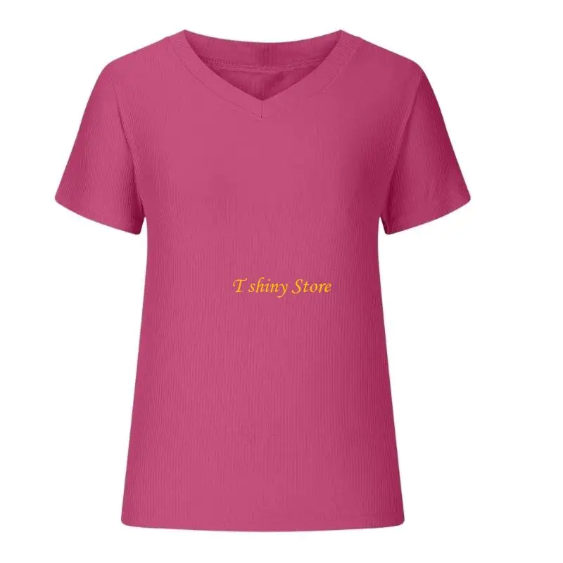 N58F Women's short-sleeved V-neck ribbed knit fit shirt, basic T-shirt, casual T-shirt, suitable for going out.