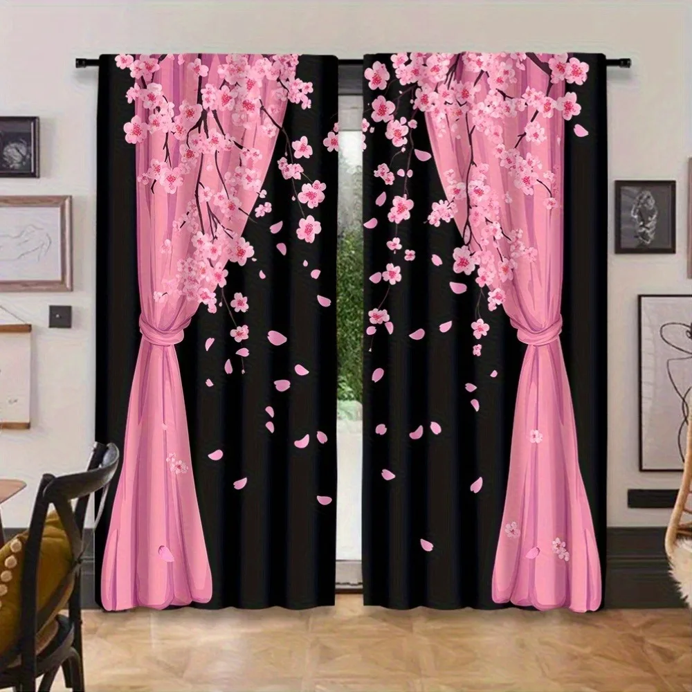 2pcs， Pink cherry blossom romantic curtains, paired with falling petals, suitable for bedrooms, living rooms, and cherry blossom