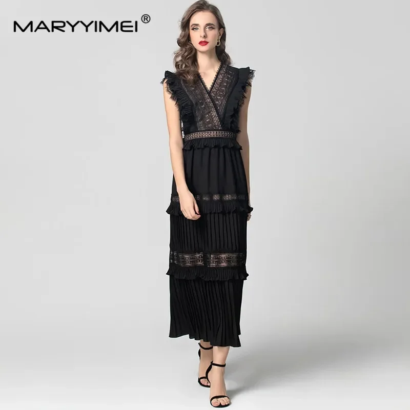 

MARYYIMEI Spring Autumn Women's Dress V-Neck Flounced Edge High-End Lace Hollow Out Splicing High waist Dresses