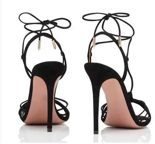 Elegant Women Black Suede Narrow Bands Cross Tied Lace Up Stiletto Heel Summer Sandals Female Open Toe Gladiator High Heel Shoes