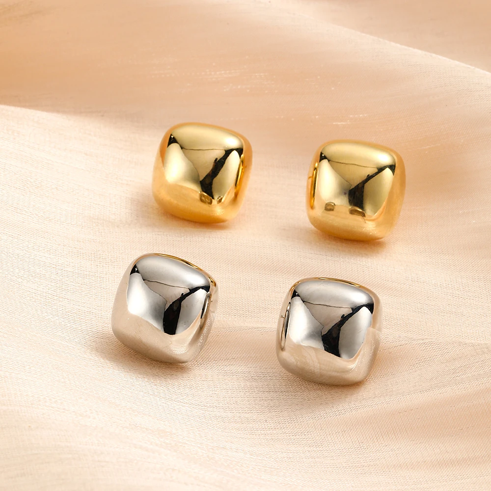 

Minimalist Gold Color Smooth Metal Square Stud Earrings Elegant Bride Wed Waterproof Drop Earring Retro Jewelry