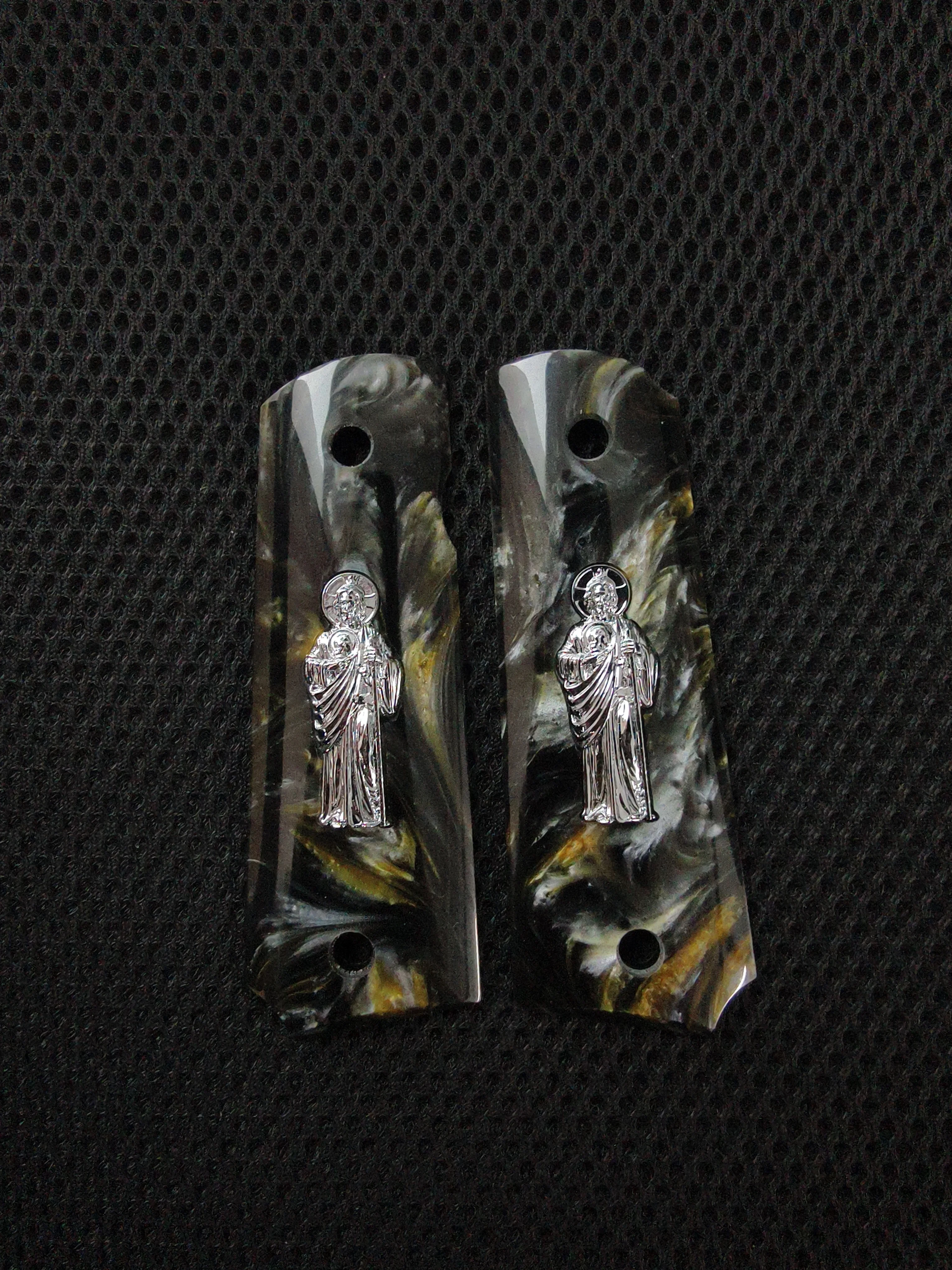 1911 Grips Full Size, Goudbruine parelmoer Zilver Saint Jude, Geschikt voor Colt, Kimber, Springfield, Remington, Rock Island, Government Commander