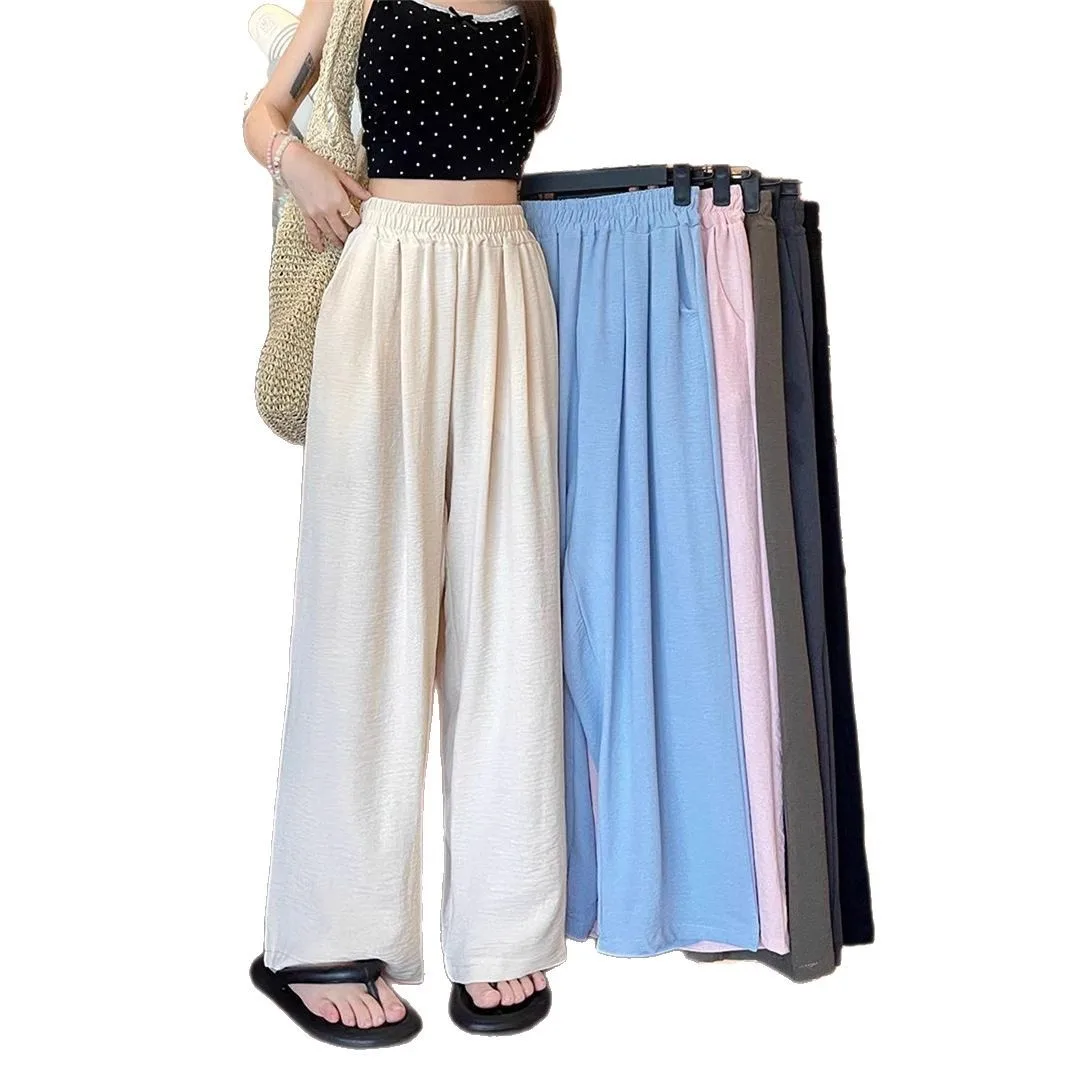 Summer Women Sweet Colorful Ice Silk Pants Lady Baggy Versatile Elastic Straight Leg Trousers Female Wide Leg High Waisted Pants