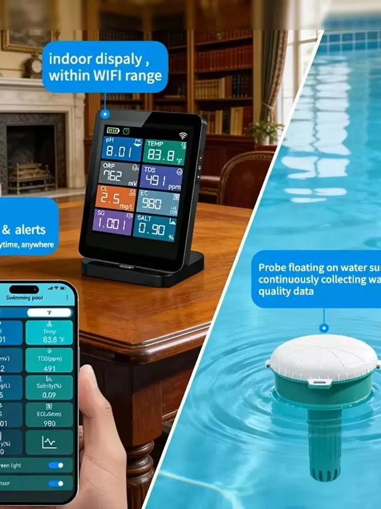 Intelligenter WLAN-Wassertester 8-in-1: pH, Chlor, EC, TDS, Salzgehalt, S.G., ORP, Temperatur-Detektor für Schwimmbäder & Spas