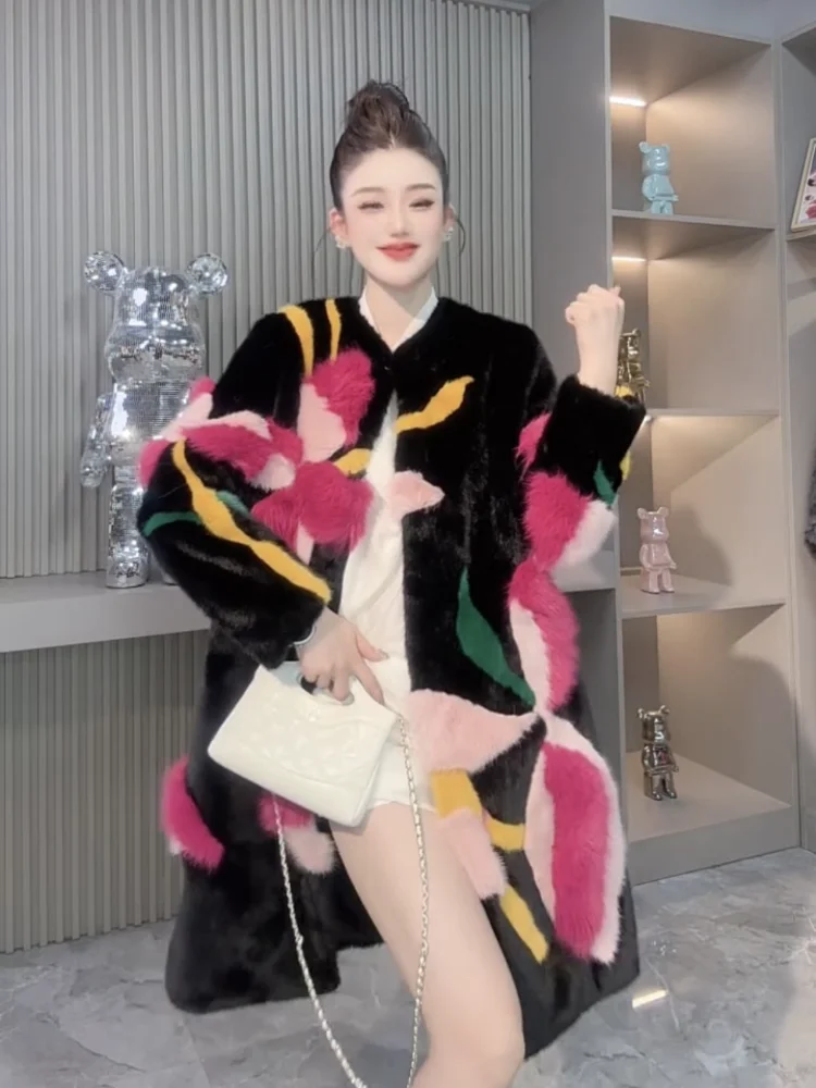 2025 Winter New Faux Fur Coat Women Mid-Length Round Neck Over-the-Knee Faux Mink Fur Coat Women Winter Jacket