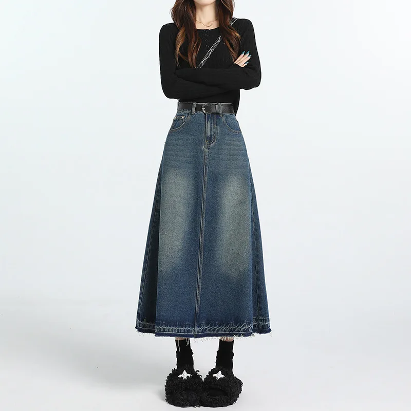 

Nostalgia Blue Half Denim Skirt Female Fall New High-Waisted Raw Edge After Slit A-Line Skirt Mid-Long Skirt