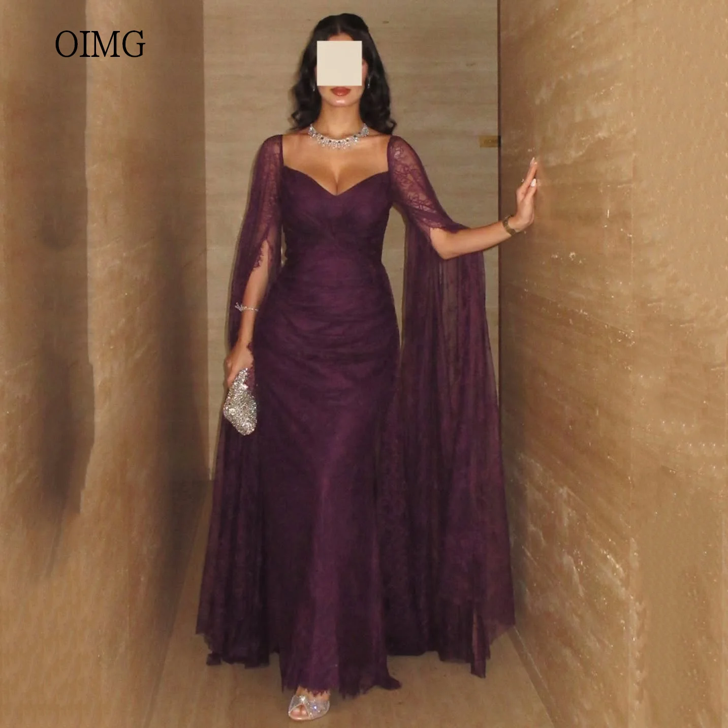 

OIMG Lace Dark Purple Mermaid Prom Gowns Cap Sleeves V Neck Party Gown Floor Length Evening Dress vestidos de gala Customized