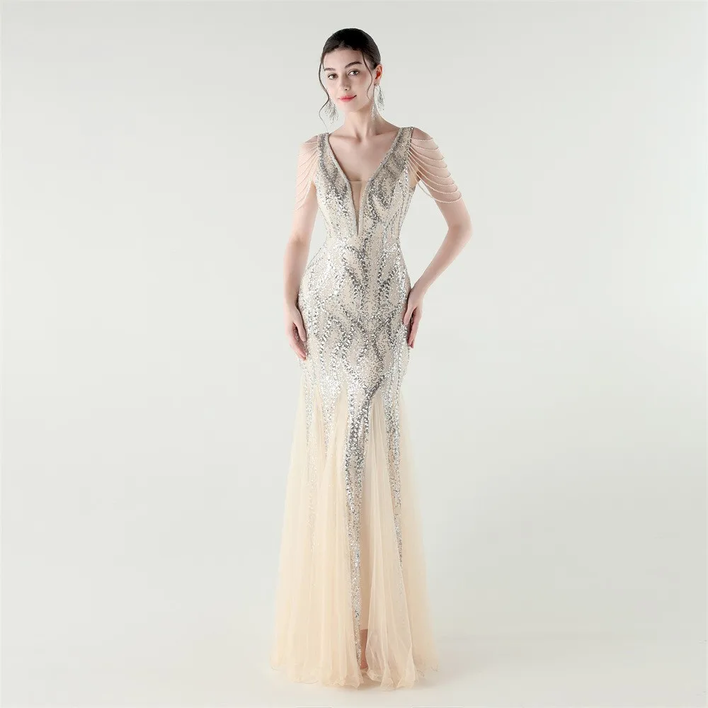 Prom Dress Women Party Long V Neck Beaded Chiffon Dresses Wedding Guest Sequin Evening Dress Emerald Green Fish Tail Maxi Dress